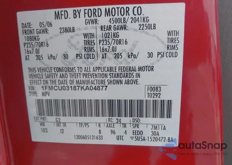 2007 Ford Escape Xlt/Xlt Sport z USA, uszkodzony, nr VIN 1FMCU03187KA04877